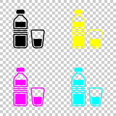 bir şişe su ve cam fincan. basit simgesi. Cmyk simgeleri şeffaf arka plan üzerinde renkli dizi