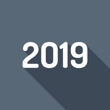 2019 sayı simgesi. Yeni Yılınız Kutlu Olsun. Uzun Gölge arka plan üzerinde beyaz düz simgesi