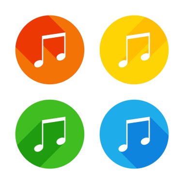Müzik Not simgesi. Renkli daireler arka plan düz beyaz simgesi. Dört farklı uzun gölgeler her köşe