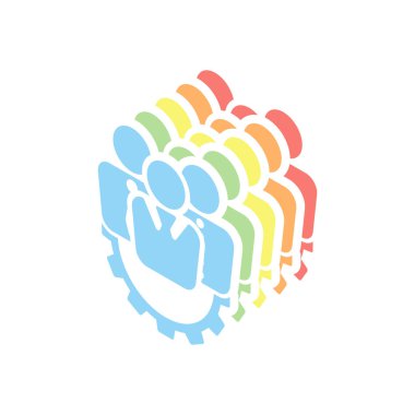 . Beyaz arka plan üzerinde renkli izometrik simgeler yığını