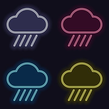 Bulut ve yağmur. Hava basit simgesi. Doğrusal tarzı. Neon işareti kümesi. Koyu arka plan üzerinde casino tarzı. Seamless modeli