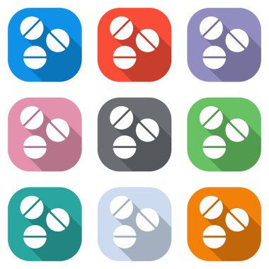 Hapları veya vitamin. Basit simgesi. Beyaz simgeleri uygulamalar için renkli kareler olarak ayarlayın. Sorunsuz imkanı ve desen poster için