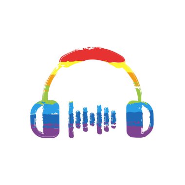 Kulaklık ve müzik dalgası. Orta ses düzeyi. Basit simgesi. Çizim işaretiyle Lgbt stil, gökkuşağı (kırmızı, turuncu, sarı, yeşil, mavi, Indigo, menekşe, yedi renk
