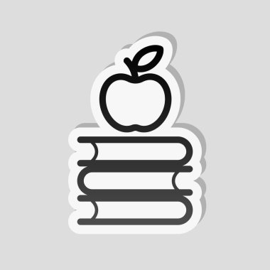 Elma üstünde kitap kutsal kişilerin resmi. Bilgi logosunu görmeniz gerekir. Etiket tarzı ile beyaz ve gri arka plan üzerinde basit gölge