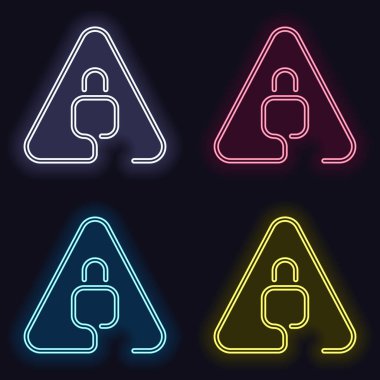 Uyarı üçgeni içinde kilitle. İnce anahat ile doğrusal simgesi. Bir çizgi stili. Neon işareti kümesi. Koyu arka plan üzerinde casino tarzı. Seamless modeli
