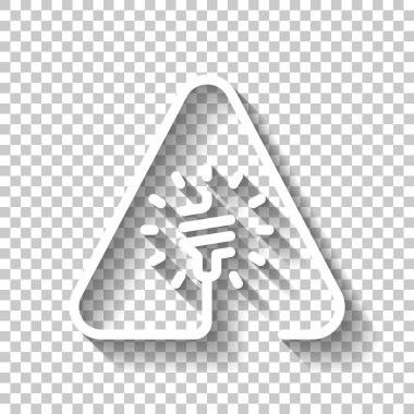 Uyarı üçgeni içinde LED lamba. İnce anahat ile doğrusal simgesi. Bir çizgi stili. Gölge şeffaf arka plan üzerinde beyaz simgesi