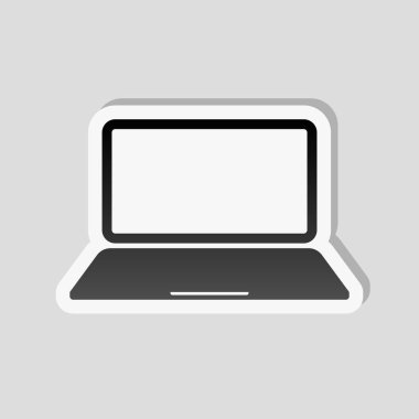 Laptop ya da defter bilgisayar kutsal kişilerin resmi. Etiket tarzı ile beyaz ve gri arka plan üzerinde basit gölge