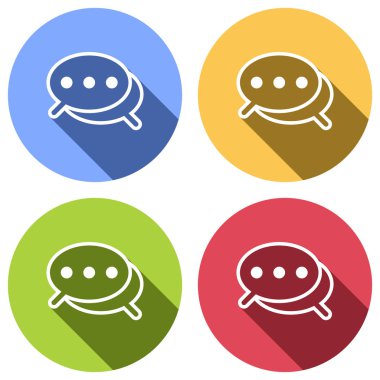 Basit sohbet. Bir kaç metin bulutları. İnce anahat ile doğrusal simgesi. Mavi, turuncu, yeşil ve kırmızı renkli daireler uzun gölge ile beyaz simgeler kümesi. Etiket tarzı