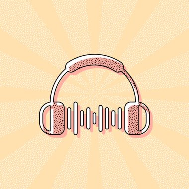 Kulaklık ve müzik dalgası. Max ses seviyesini. Basit simgesi. Retro Vintage tipografi ofset baskı etkisi ile. Çizgi roman pop sanat arka plan ile nokta poster
