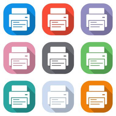 printer and paper. Set of white icons on colored squares for applications. Seamless and pattern for poster clipart