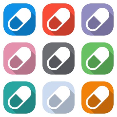 hap ya da vitamin basit sembolü. Beyaz simgeleri uygulamalar için renkli kareler olarak ayarlayın. Sorunsuz imkanı ve desen poster için