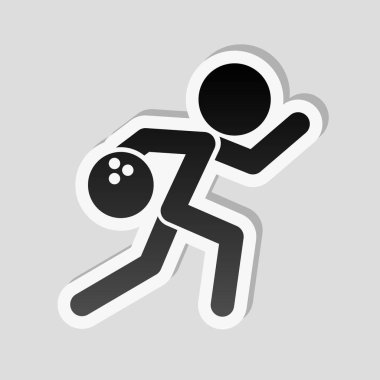 adam, simge Bovling çalıştırıyor. Etiket tarzı ile beyaz ve gri arka plan üzerinde basit gölge