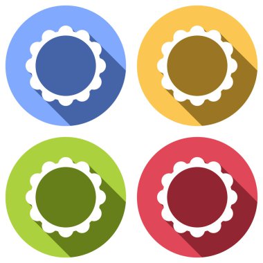 Güneş. basit simgesi. Mavi, turuncu, yeşil ve kırmızı renkli daireler uzun gölge ile beyaz simgeler kümesi. Etiket tarzı