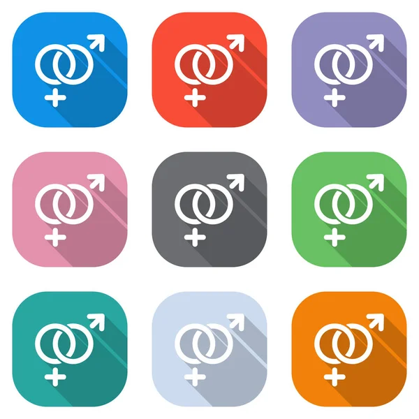 cinsiyet sembolü. Doğrusal sembolü. basit kadın ve erkek simgesi. Beyaz simgeleri uygulamalar için renkli kareler olarak ayarlayın. Sorunsuz imkanı ve desen poster için