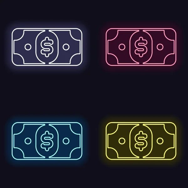 Dollar Banknote Simple Icon Set Neon Sign Casino Style Dark — Stock Vector