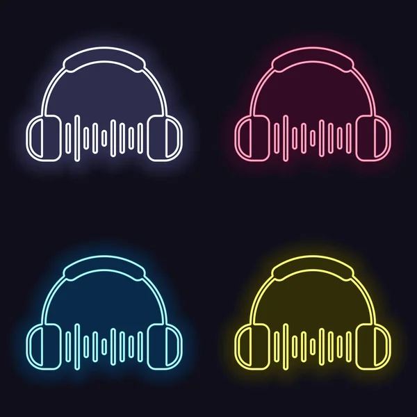 Casques Ondes Musicales Niveau Volume Maximum Simple Icône Ensembles Néons — Image vectorielle