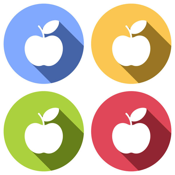 Simple apple icon. Set of white icons with long shadow on blue, orange, green and red colored circles. Sticker style