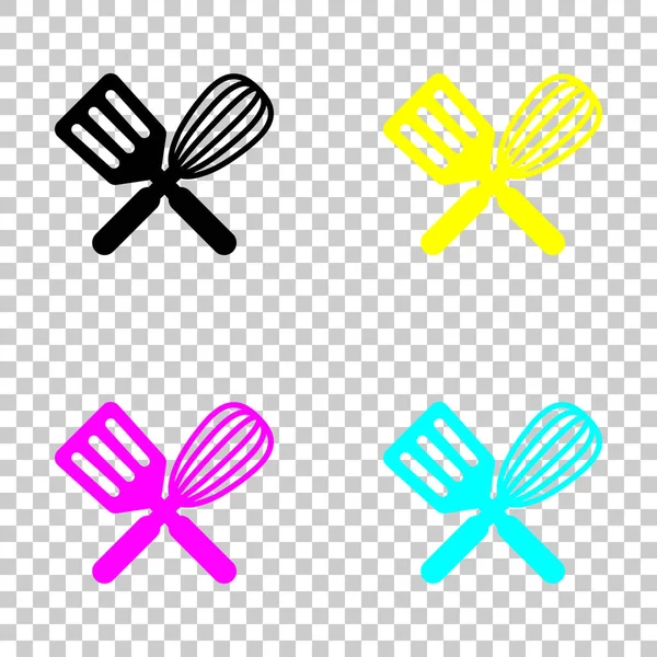 Mutfak Aracı simgesi. Çırpma teli ve spatula, criss ve çapraz. Cmyk simgeleri şeffaf arka plan üzerinde renkli dizi