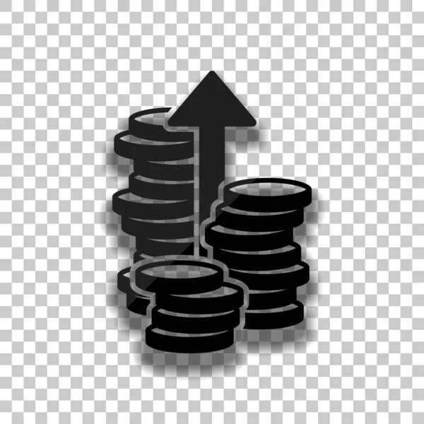 Coins Stack Finance Grow Arrow Black Glass Icon Soft Shadow — Stock Vector