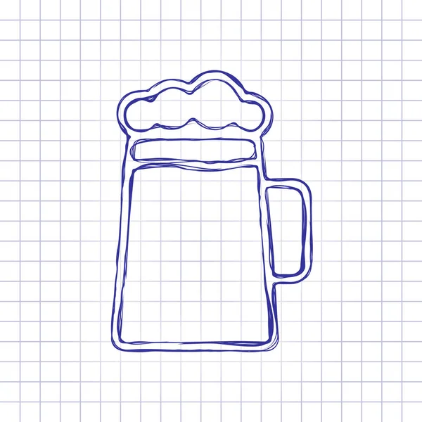 ビールのグラス 輪郭が細いシンプルな線形アイコン 手紙に描かれた絵 青インク アウトライン スケッチ スタイル 市松模様の背景の落書き — ストックベクタ