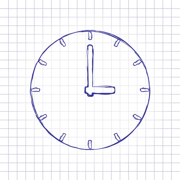 単純な時計のアイコン 手紙に描かれた絵 青インク アウトライン スケッチ スタイル 市松模様の背景の落書き — ストックベクタ