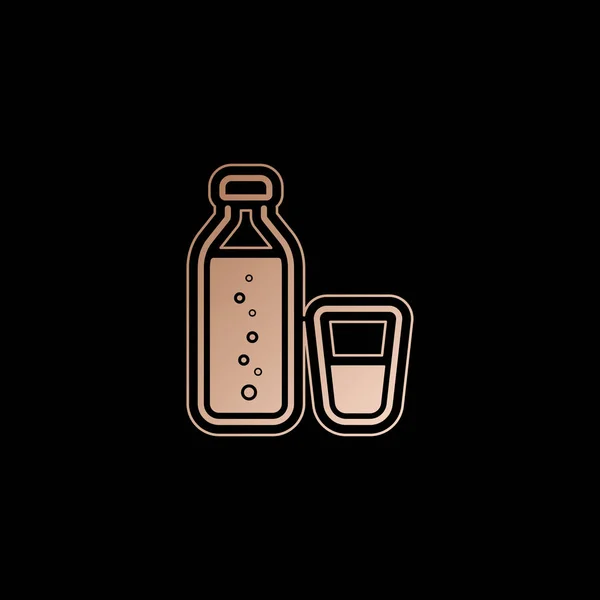 一瓶有泡泡和杯子的水 简单的图标 红色金子样式在黑色背景 — 图库矢量图片