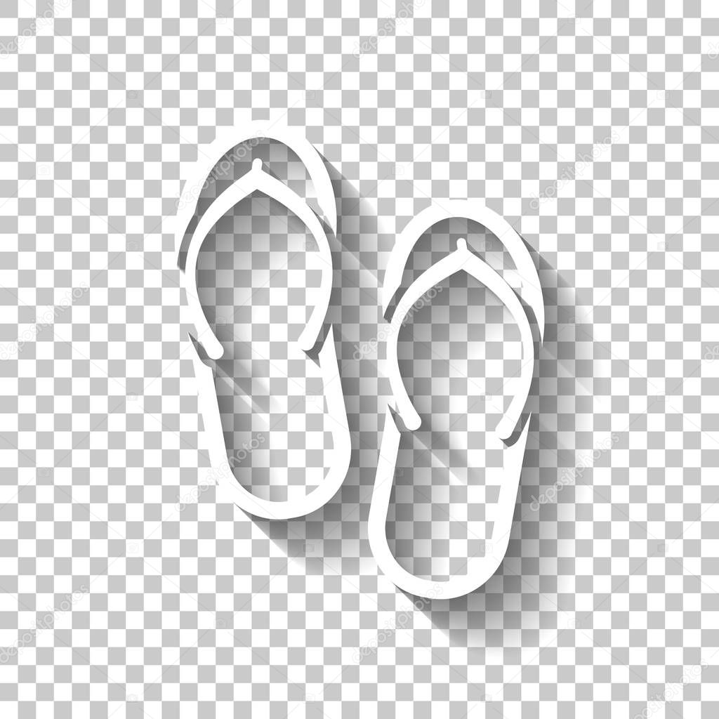 Beach slippers. Flip flops icon. White icon with shadow on transparent background