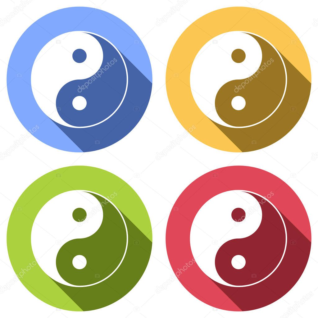 Yin yan symbol. Set of white icons with long shadow on blue, orange, green and red colored circles. Sticker style
