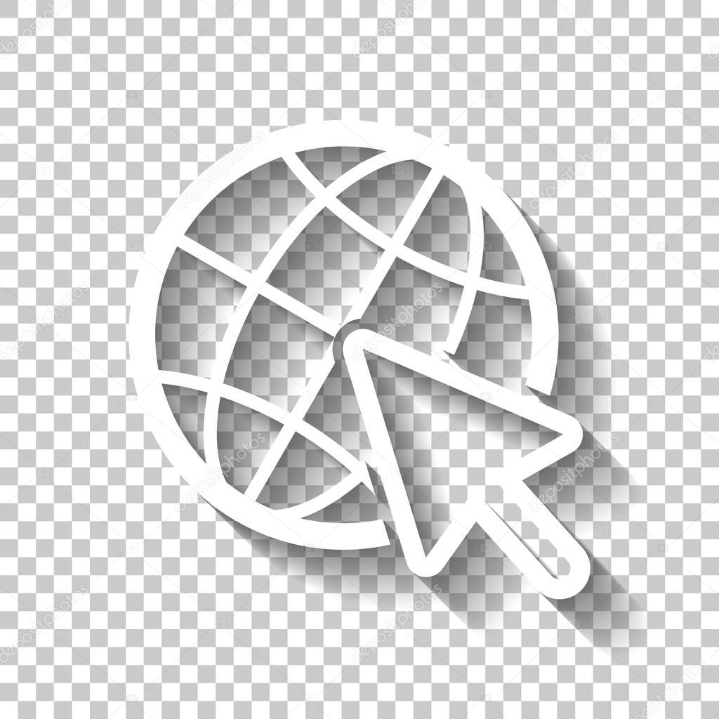 Globe and arrow icon. White icon with shadow on transparent background