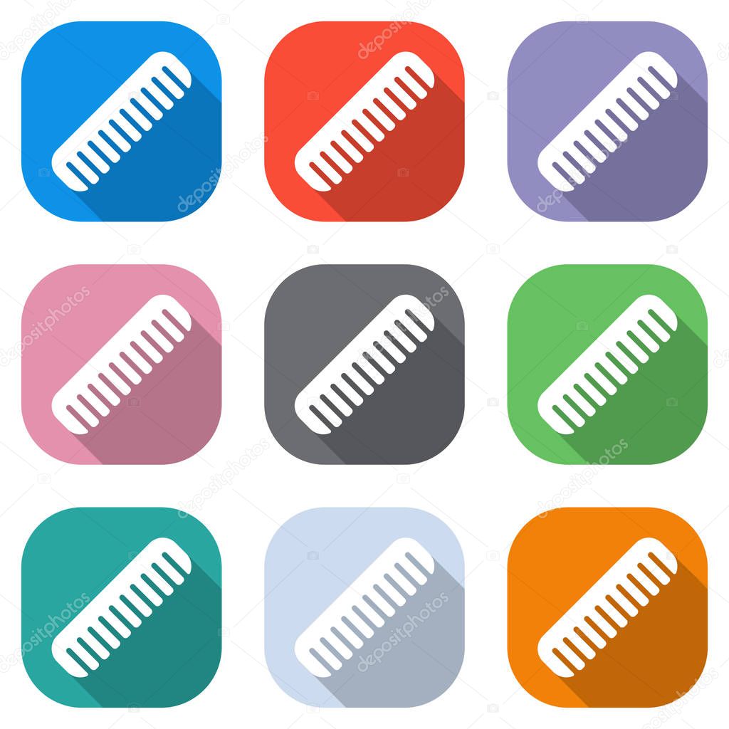 comb, hairbrush. simple silhouette. Set of white icons on colored squares for applications. Seamless and pattern for poster