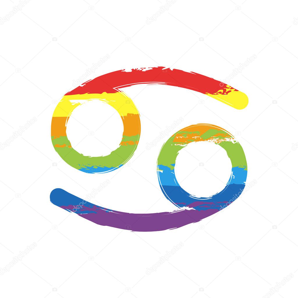 Astrological sign. Cancer simple icon. Drawing sign with LGBT style, seven colors of rainbow (red, orange, yellow, green, blue, indigo, violet