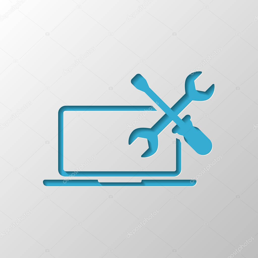 Laptop repair service. Paper design. Cutted symbol with shadow