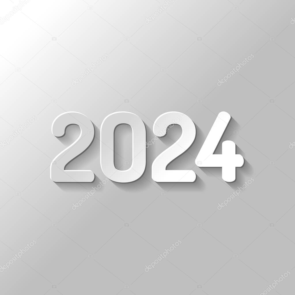 2024 number icon. Happy New Year. Paper style with shadow on gray background