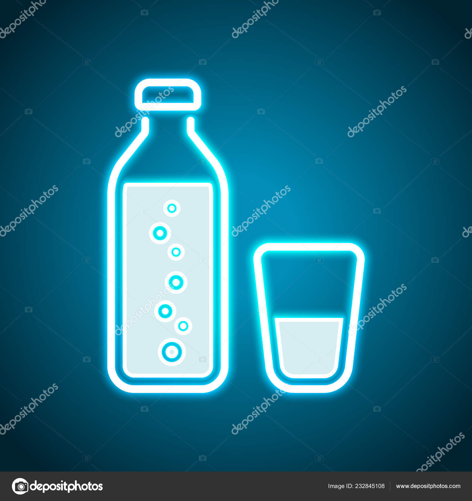 Bottle Water Bubbles Glass Cup Simple Icon Neon Style Light