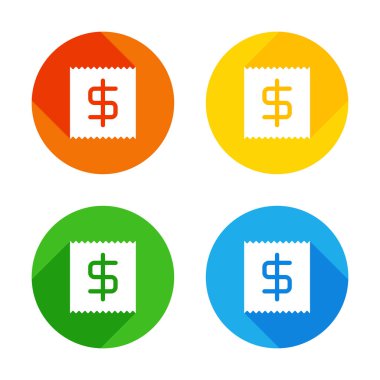 Doları sembolü ile giriş. Renkli daireler arka plan düz beyaz simgesi. Dört farklı uzun gölgeler her köşe