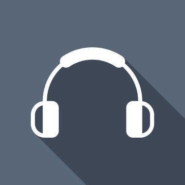 Kulaklık ve müzik. Sesi kısar. Basit simgesi. Uzun Gölge arka plan üzerinde beyaz düz simgesi