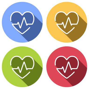 Kalp ve nabız hattı. Bir çizgi stili. İnce anahat ile doğrusal simgesi. Mavi, turuncu, yeşil ve kırmızı renkli daireler uzun gölge ile beyaz simgeler kümesi. Etiket tarzı
