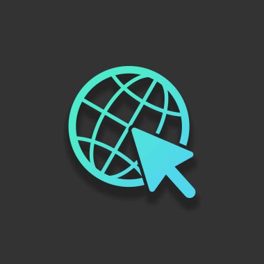 Küre ve ok simgesi. Renkli logo kavramı koyu arka plan üzerinde yumuşak gölge ile. Masmavi okyanus rengini simgesi