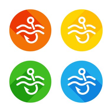 Balıkçılık kanca ve su. Basit simgesi. Renkli daireler arka plan düz beyaz simgesi. Dört farklı uzun gölgeler her köşe