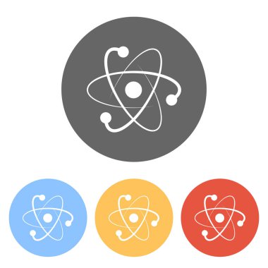 bilimsel atom sembolü, logo, basit simgesi. Renkli daireler üzerinde beyaz simgeler kümesi