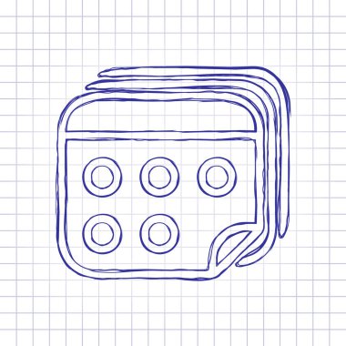 Takvim birkaç sayfa. Basit anahat simgesi. Elle çizilmiş resim kağıt sayfası. Mavi mürekkep, anahat kroki tarzı. Damalı zemin üzerine doodle