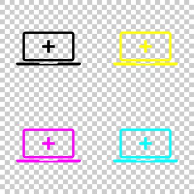 Laptop ya da defter bilgisayar ekranında Tıbbi çapraz. Basit simgesi. Cmyk simgeleri şeffaf arka plan üzerinde renkli dizi