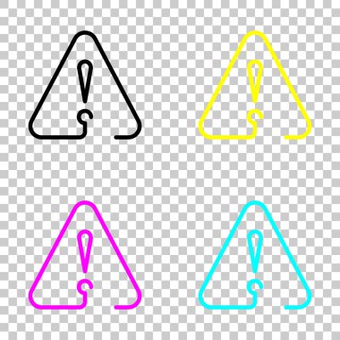 Uyarı üçgeni içinde ünlem işareti. Doğrusal sembolü ile ince anahat. bir çizgi stili. basit simgesi. Cmyk simgeleri şeffaf arka plan üzerinde renkli dizi