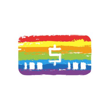 Para voutcher. USD kartı simgesi. Çizim işaretiyle Lgbt stil, gökkuşağı (kırmızı, turuncu, sarı, yeşil, mavi, Indigo, menekşe, yedi renk