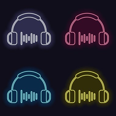 Kulaklık ve müzik dalgası. Orta ses düzeyi. Basit simgesi. Neon işareti kümesi. Koyu arka plan üzerinde casino tarzı. Seamless modeli