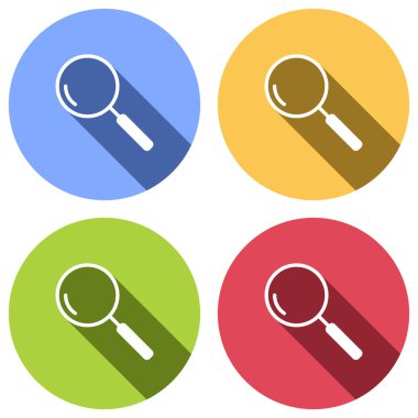 Büyüteç, arama veya büyütme. Doğrusal simgesi, ince anahat. Mavi, turuncu, yeşil ve kırmızı renkli daireler uzun gölge ile beyaz simgeler kümesi. Etiket tarzı