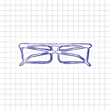 gözlük simgesi. Elle çizilmiş resim kağıt sayfası. Mavi mürekkep, anahat kroki tarzı. Damalı zemin üzerine doodle