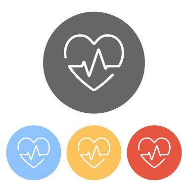 Kalp ve nabız hattı. Bir çizgi stili. İnce anahat ile doğrusal simgesi. Renkli daireler üzerinde beyaz simgeler kümesi