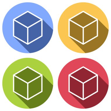 Geometrik boş küp. Basit anahat simgesi. Mavi, turuncu, yeşil ve kırmızı renkli daireler uzun gölge ile beyaz simgeler kümesi. Etiket tarzı