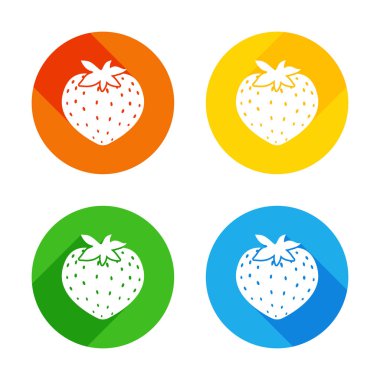 çilek simgesi. Renkli daireler arka plan düz beyaz simgesi. Dört farklı uzun gölgeler her köşe